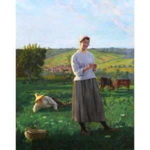Eugène Decisy,he Loves Me... A Little... A Lot!, Painting Of A Couple In A Landscape