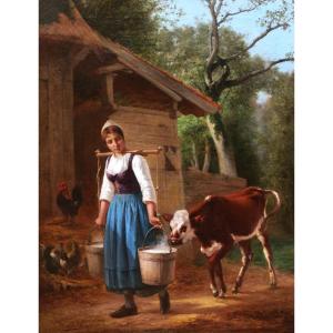 Charles Marie Lhullier Or Lhuillier, The Little Cowherd Girl, Large Format Painting