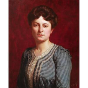 Alphonse Dargent, Portrait Of A Woman On A Red Background, Painting