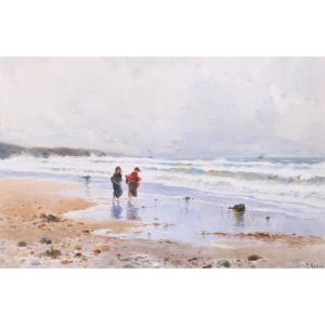 Paul Rossert, Two Young Fisherwomen On The Beach In Normandy, Watercolor