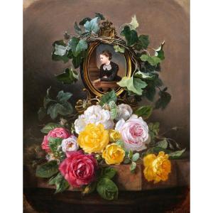 Josef Neugebauer , Portrait Of An Austrian Noble Lady With Ivy And Roses, Painting