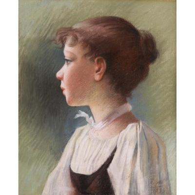 French School Circa 1900, Portrait Of Young Girl In Profile