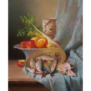 David De Noter, Still Life With Fruits, Vegetables, Fish, Cup And Shells (large Format)