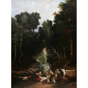 Louis Boulangé, Landscape With Washerwomen In The Forest Of Fontainebleau (large Format)