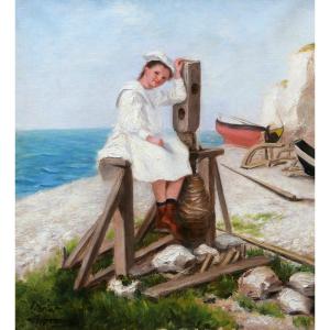C. Henriol, Girl On A Capstan In Étretat