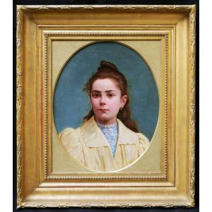 French School Circa 1880, Portrait Of A Brunette Little Girl With Hazel Eyes