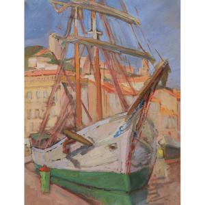 French School Of The First Half Of The 20th Century, Ship Moored In The Port Of Cannes