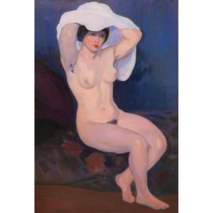 Luis Eduardo De La Rocha Canals, Nude Seated On A Blue Background (large Format)
