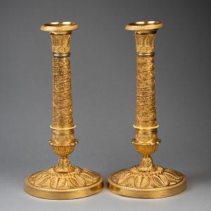 Pair Of Gilded Bronze Candlesticks Circa 1815