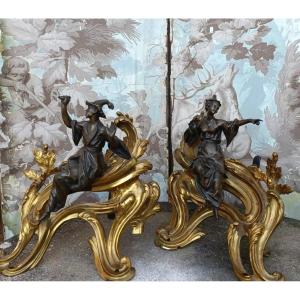 Beautiful Rocaille Style Andirons In Bronze With Two Patinas 
