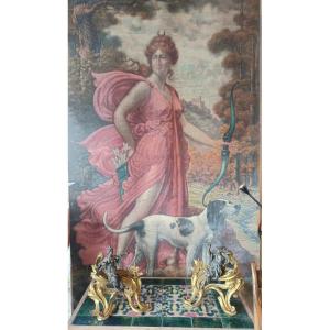 Large Decorative Canvas From The 19th Representing Diane