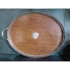 19th English Tray In Mahogany And Silver Metal