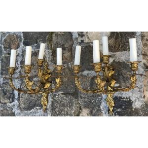 Pair Of Louis XV Sconces, Rocaille Style, In Gilded Bronze