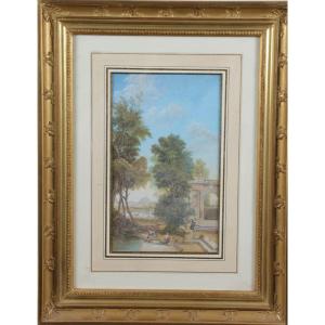 Painting. 19th-century Gouache. Architectural Landscape