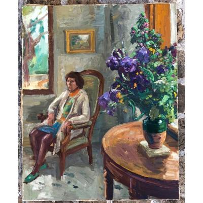 Louis Peyré . Huile Sur Toile . Lisou Devant La Fenêtre