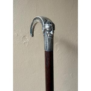 Lucien Gaillard - Curved Silver Cane Warrior's Head - Art Nouveau