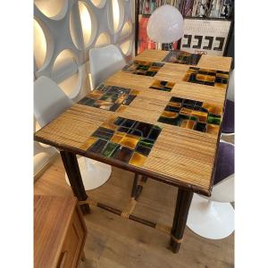 Adrien Audoux & Frida Minet (20th Century), Dining Table In Stained Rattan, Bamboo And Ceramic