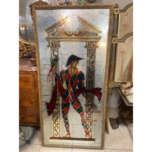 Golden Mirror With Pierrot Harlequin Decor 