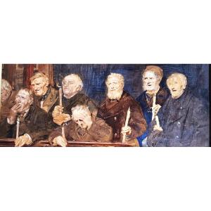 The Assembly Of Watchers Oil On Paper Mounted On Panel