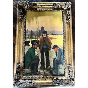 "3 Sailors In A Port" Oil On Panel