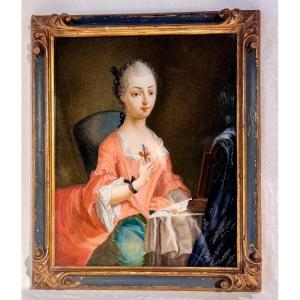 Young Woman With Flowers. Fixed Under Glass 18th Century