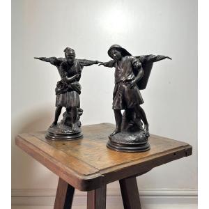 Pair Of Bronze Sculptures – "departure For Fishing"