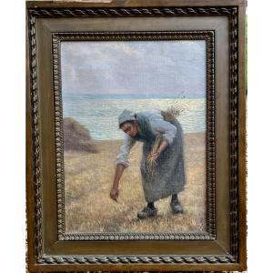Oil On Canvas, Breton School, Late 19th Century, "young Peasant Woman By The Sea"