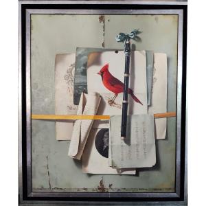 Still Life With Flute And Red Cardinal, Oil Painting On Canvas By  Jean Grimal (1942–1998)