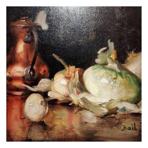 Oil On Canvas “still Life Onions” +by Bail Joseph (1862-1921)