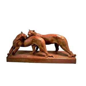 Terracotta Panthers Statue By Réne Rochard  (1906 -1984)