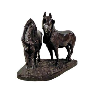 Bronze Draught Horses Sculpture By Hager Albert (1857-1940)