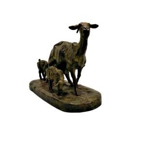 Bronze Goat Statue With Her Kids By Ary Bitter - (1883-1973)