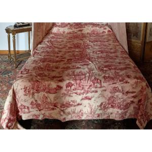 Bedspread + Bottom Riedaux, And Side Panels In Red Toile De Jouy -