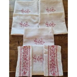 Six Table Napkins - Red Birds With Birds - Red Embroidered "do" Monogram