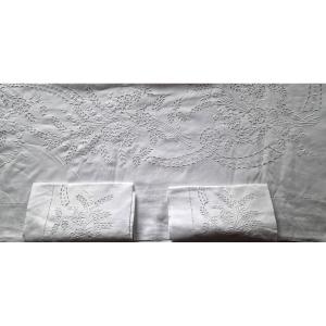 Sheet With Matching Pillowcases - Extensive Embroidery - 19th Century