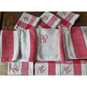 White Dinner Service With Red Borders - Red Monogram - 20th Century