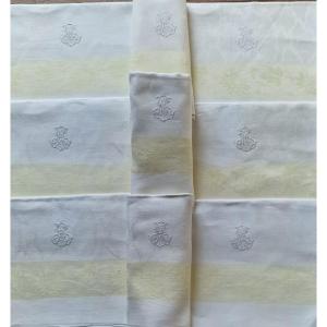 Nine Napkins - Monogram "me" - Pastel Border - 19th Century