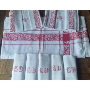 Table Service - Tablecloth + 12 Servietted - White And Red Decor - Red Monogram