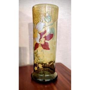 Enamelled Roll Vase On Green Background From The Legras Collection