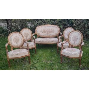 Gilded Wood Living Room Set In Louis XVI Style: Bench And Four Armchairs 