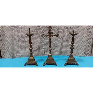 18th Century Bronze Crucifix And Candlestick Set
