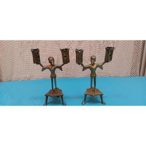 Neo-gothic Bronze Candlesticks - 19th Century