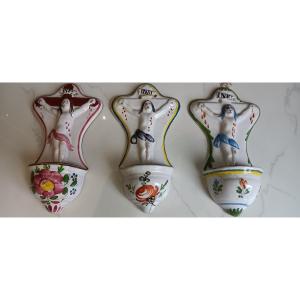 Three Earthenware Holy Water Fonts From Saint-clément