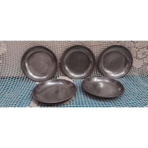 Set Of 5 Pewter Soup Plates - 19th Century
