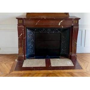 Antique Louis XVI Style Fireplace In Griotte Red Marble With Bronze Decor 