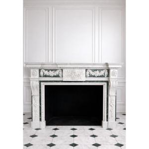 Antique Late 19th Century White And Green Carrara Marble Fireplace