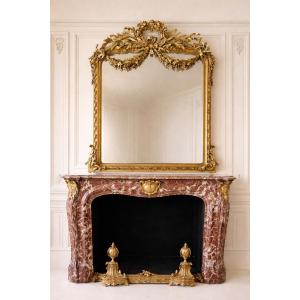 Massive Louis XV Napoleon III Style Fireplace Made Of Red Incarna Turquin Marble