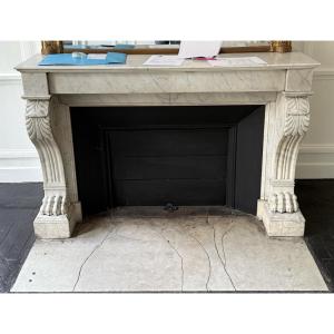 Antique Louis Empire Style Fireplace Made Of White Carrara Marble, Late 19th Century