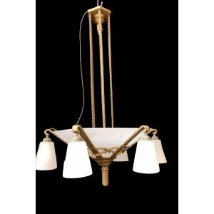Art Deco Chandelier In Bronze And Glass With Tulip Decoration, 20th Century