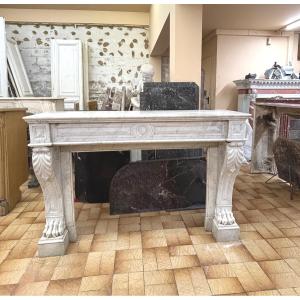 Antique Empire Style Fireplace In White Carrara Marble Dating From The Late 19th Century